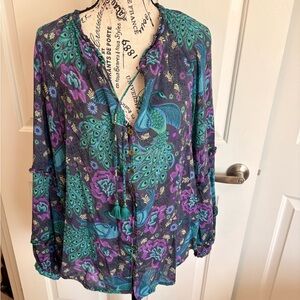 Spell Boho Peacock Print  Peasant Blouse - Teal & Purple XS EC FINAL PRICE